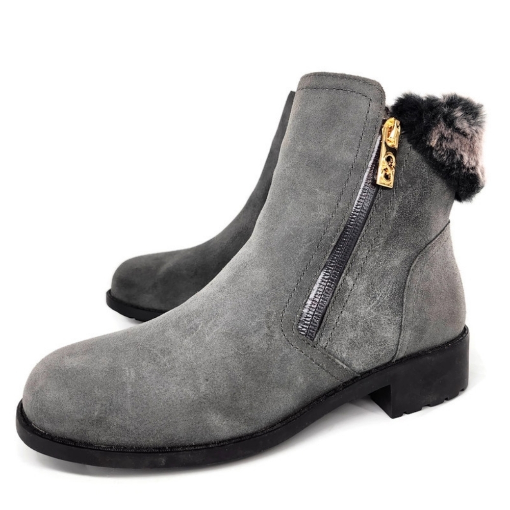 Cole Haan Quinney Grey Suede Faux Fur Waterproof Dual Zip Lug Sole Chelsea Boots